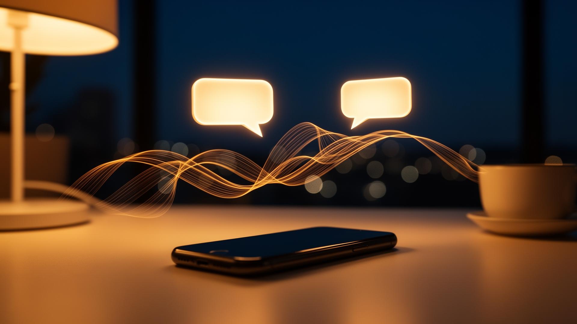 Bolhas de conversa iluminadas e fluxo de luz conectando duas pessoas em diálogo, representando marketing conversacional