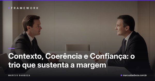 Capa do artigo "Contexto, Coerência e Confiança: o trio que sustenta a margem" — categoria Framework 8Cs no blog de Marcus Barboza sobre Marketing Conversacional Integrado (MCI).