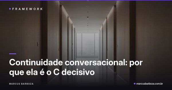 Capa do artigo "Continuidade conversacional: por que ela é o C decisivo" — categoria Framework 8Cs no blog de Marcus Barboza sobre Marketing Conversacional Integrado (MCI).